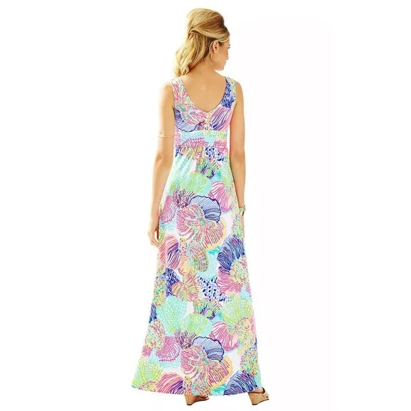 Lilly Pulitzer SLOANE MAXI DRESS Roar Of The Seas Womens XS Multi Floral Coral